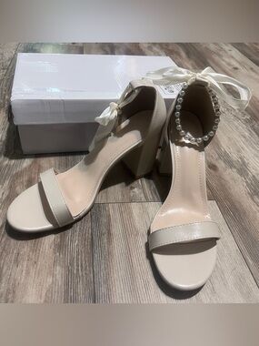 Cream/nude Block Heel with Pearl Ankle Strap